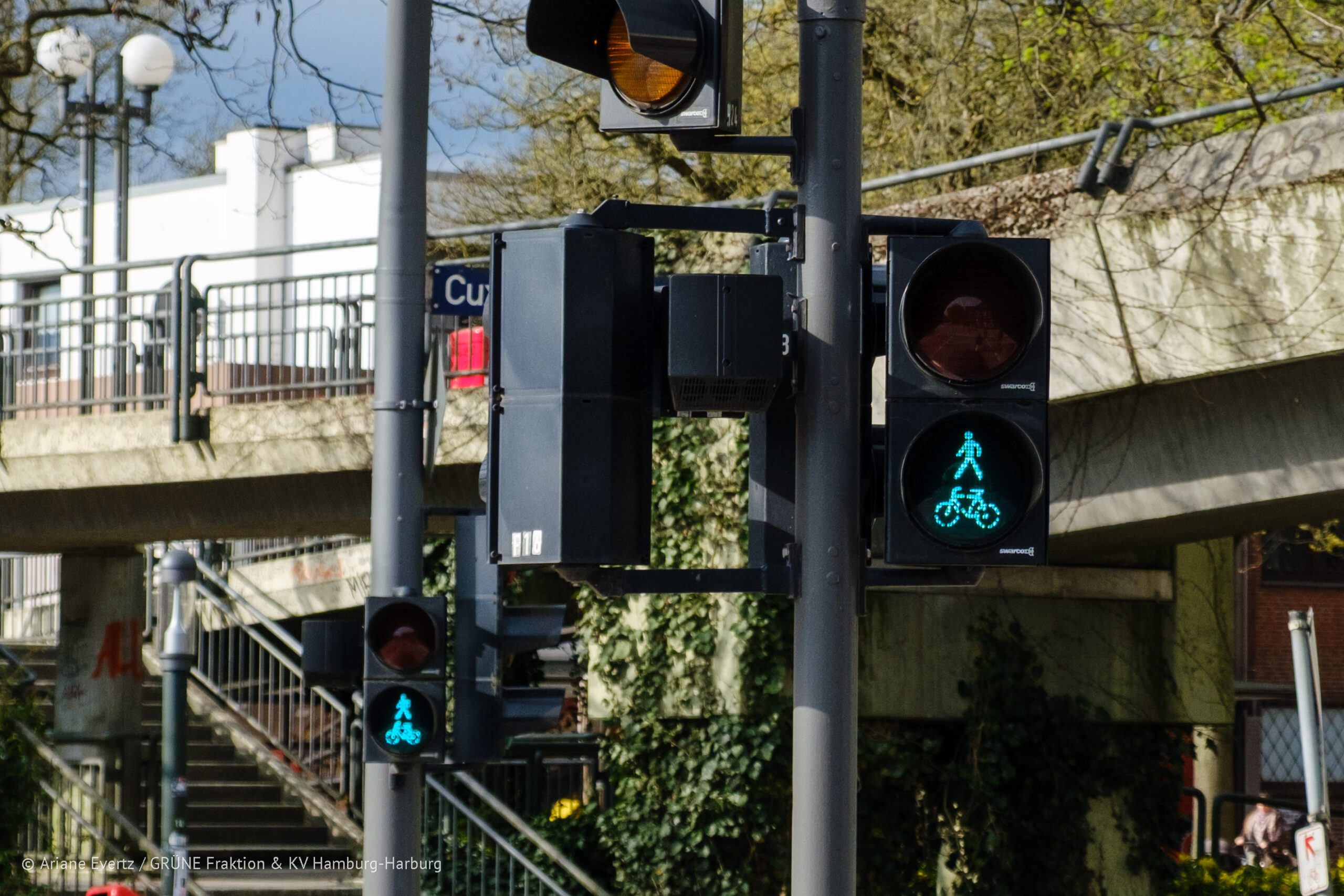 Eine Grüne Fahrrad-Fußgänger-Ampel.